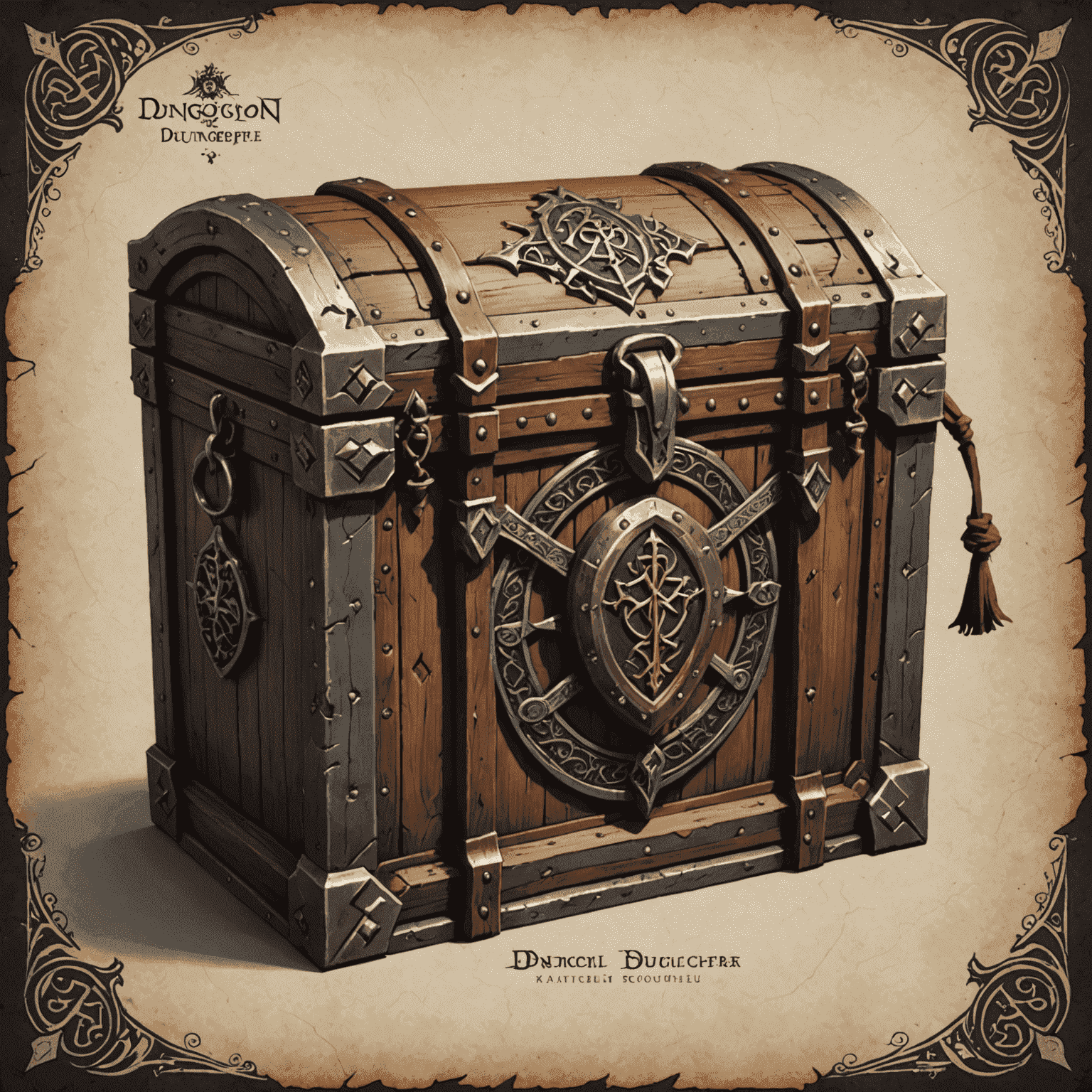 DungeonWrapper logo featuring a medieval-style chest with ornate clasps and mystical runes