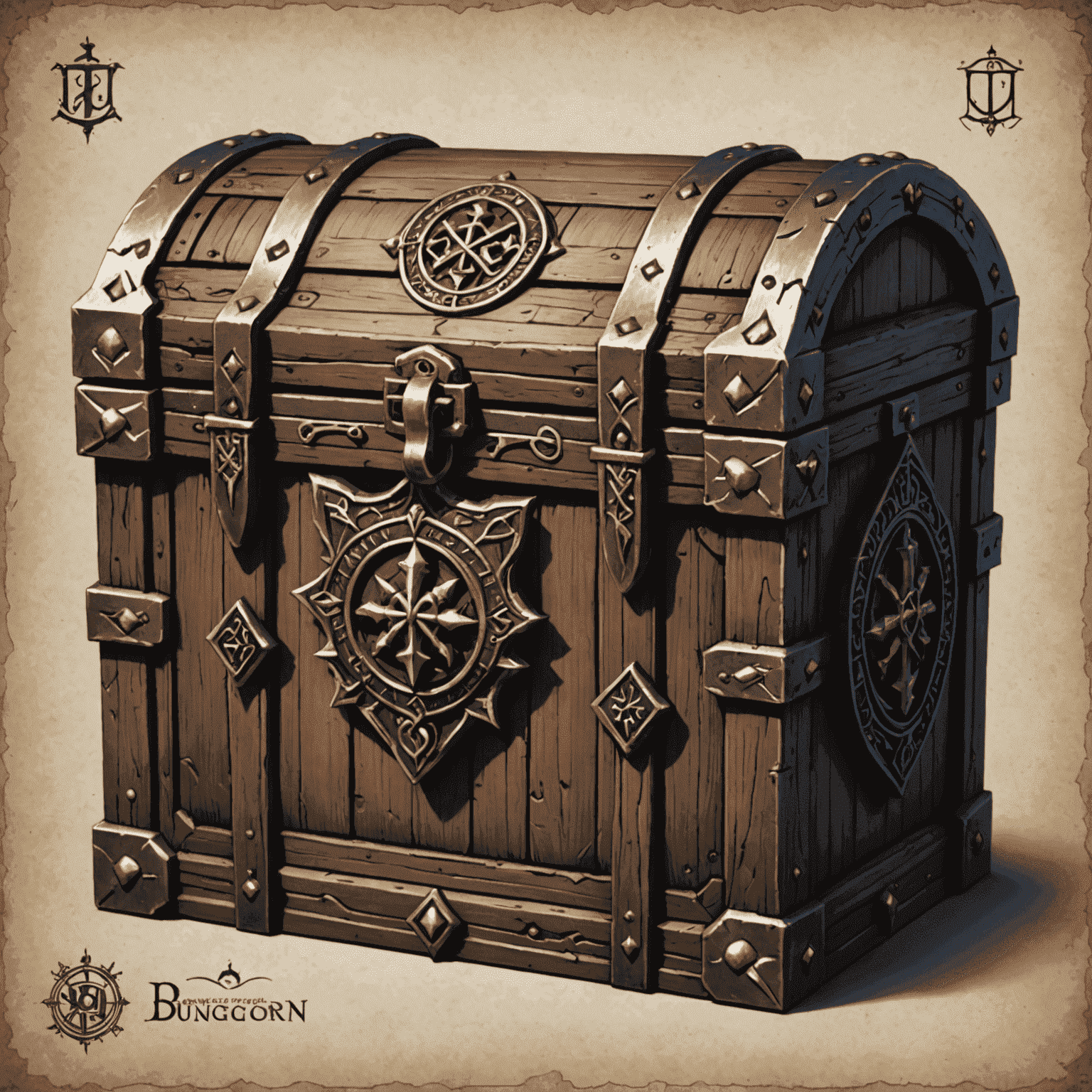 DungeonWrapper logo featuring a medieval-style chest with ornate clasps and mystical runes