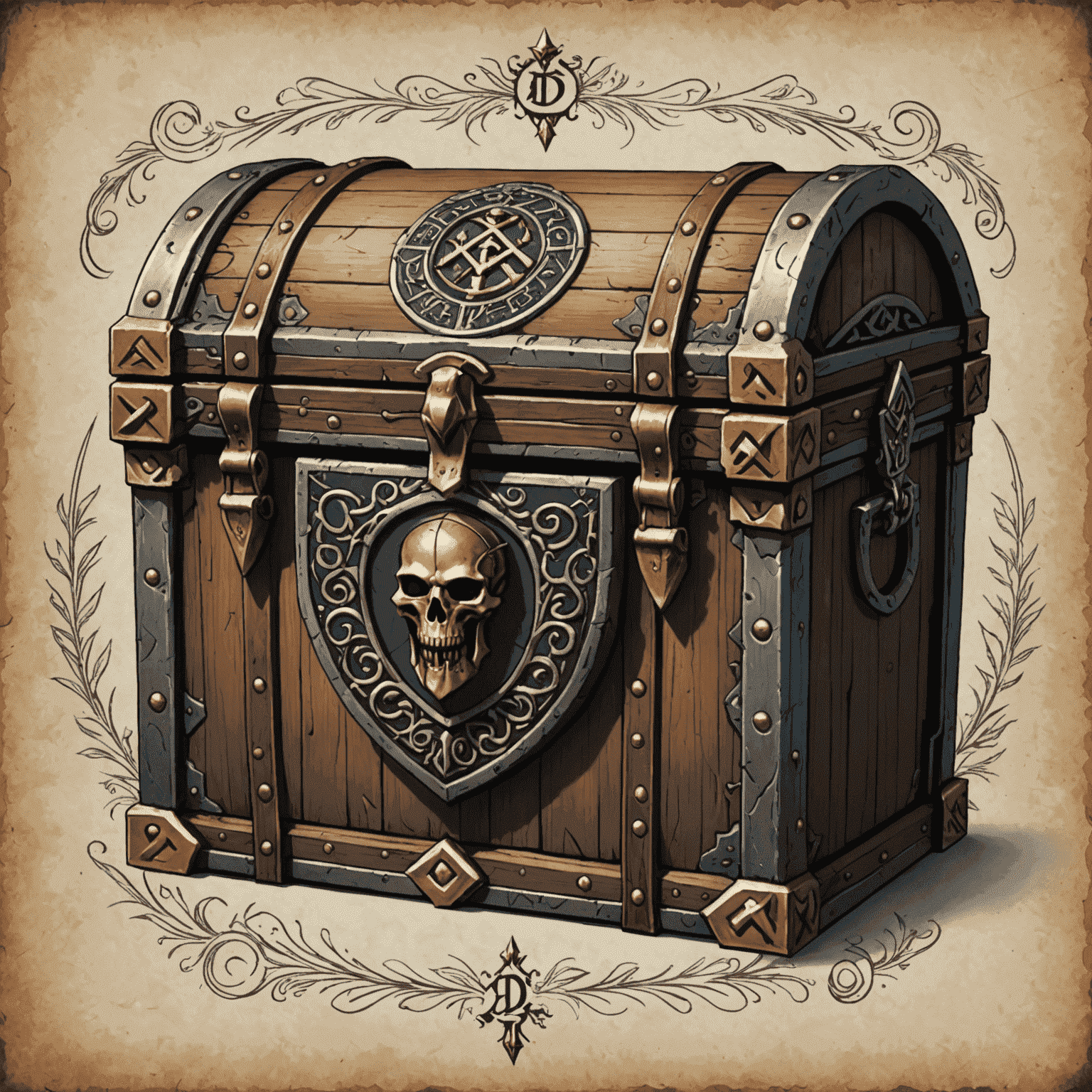 DungeonWrapper logo featuring a medieval-style chest with ornate clasps and mystical runes