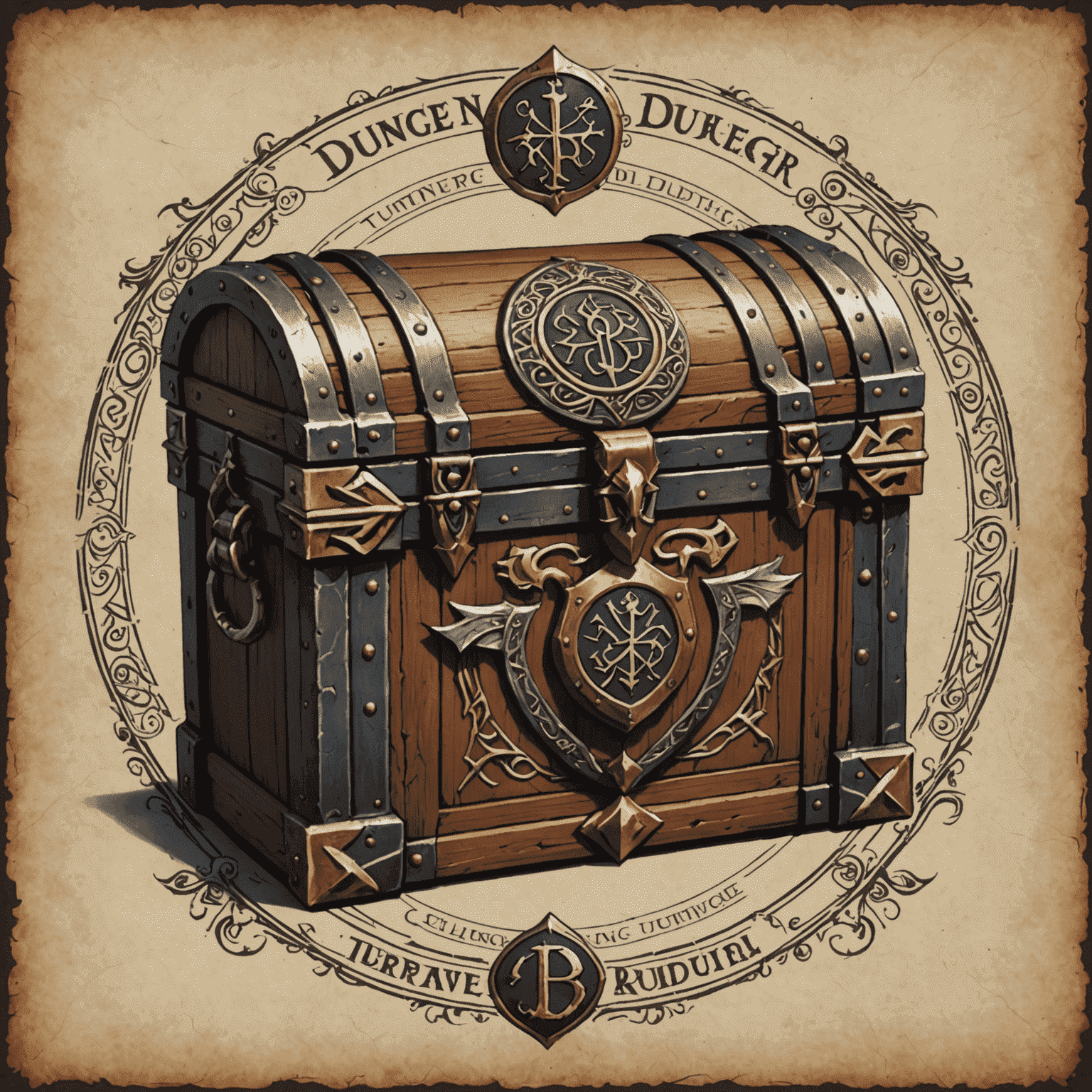 DungeonWrapper logo featuring a medieval-style chest with ornate clasps and mystical runes