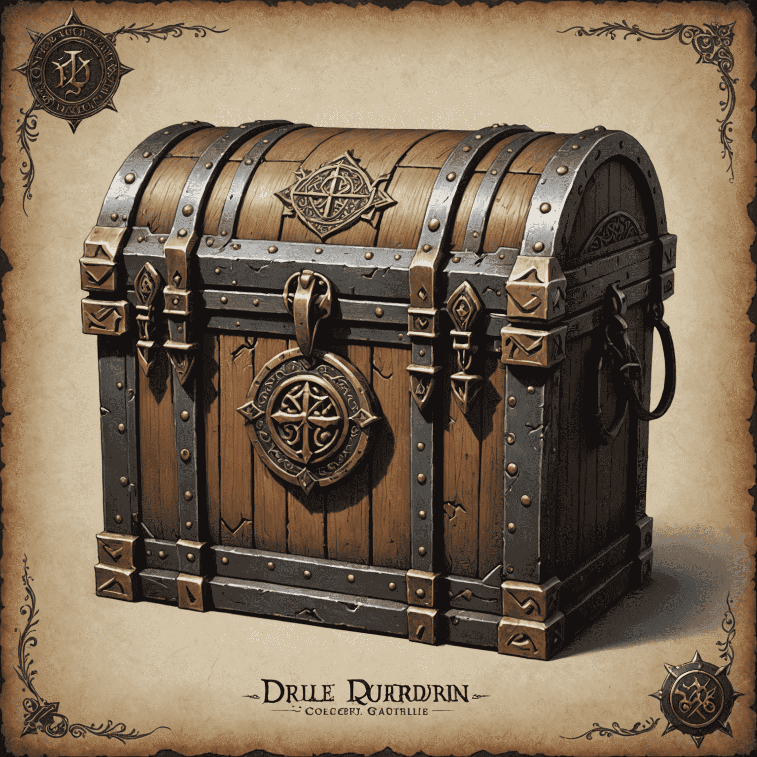 DungeonWrapper logo featuring a medieval-style chest with ornate clasps and mystical runes