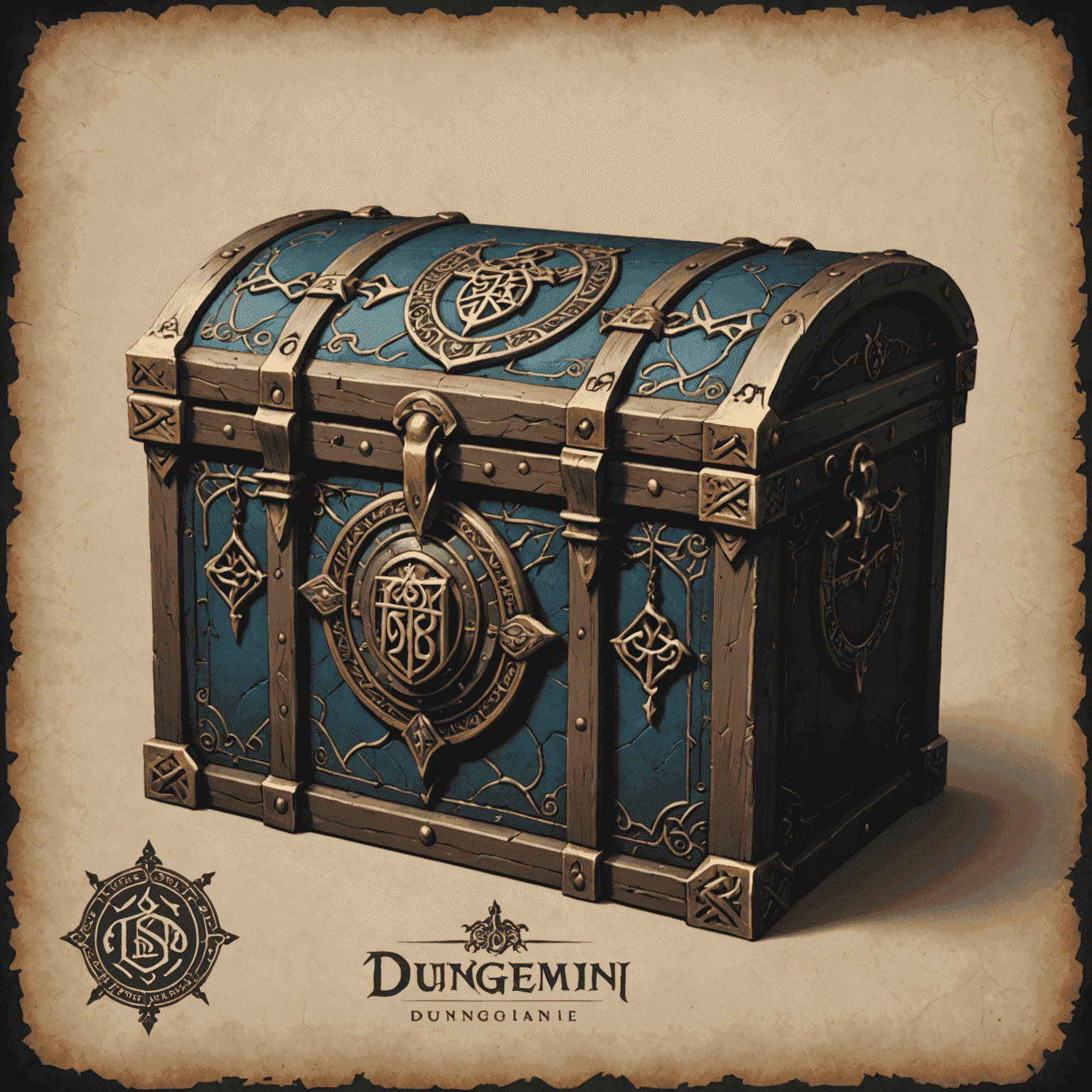 DungeonWrapper logo featuring a medieval-style chest with ornate clasps and mystical runes