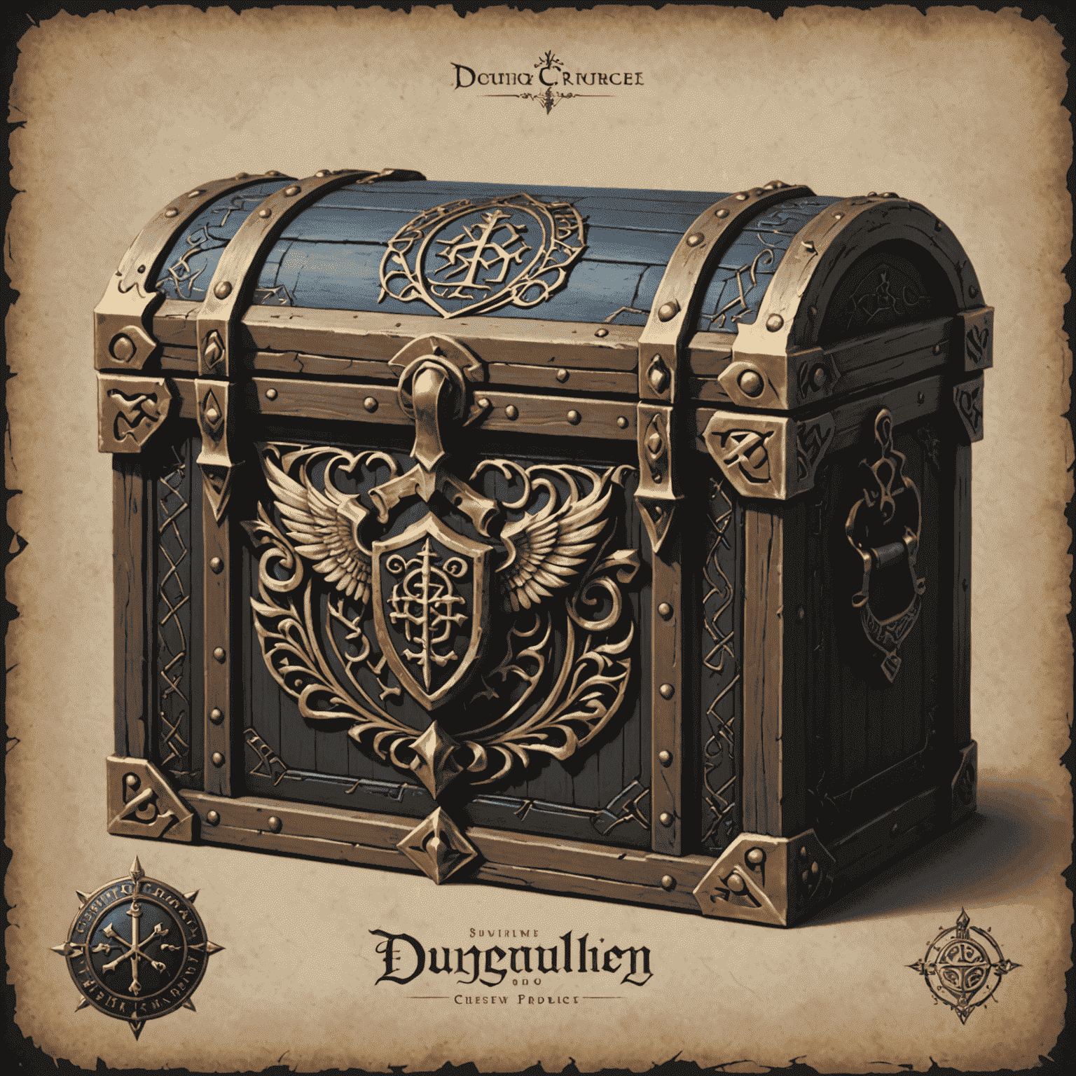 DungeonWrapper logo featuring a medieval-style chest with ornate clasps and mystical runes