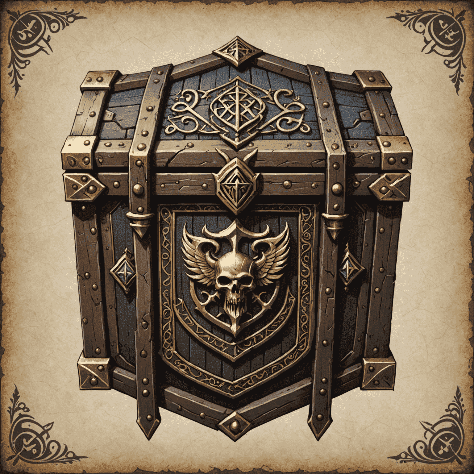 DungeonWrapper logo featuring a medieval-style chest with ornate clasps and mystical runes