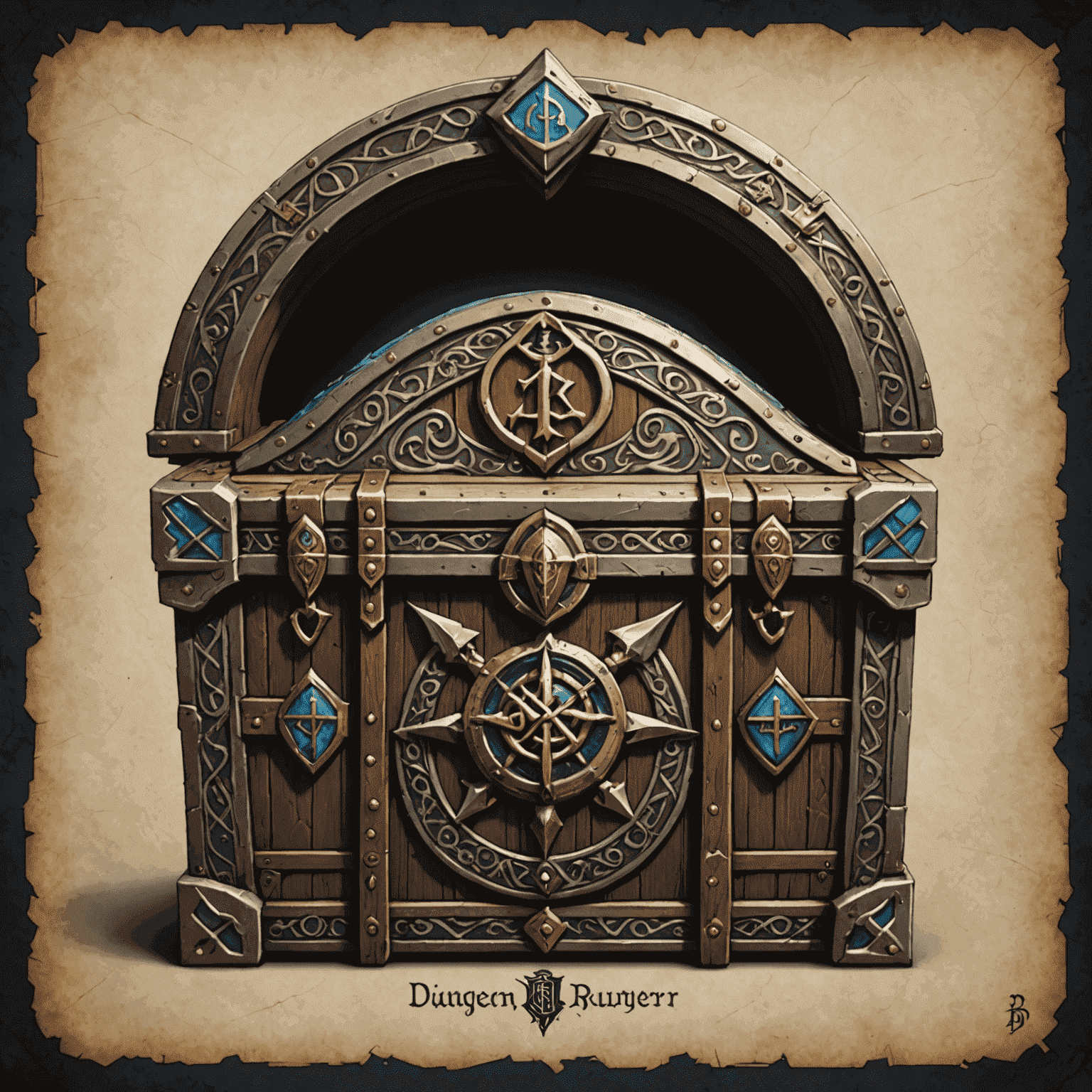 DungeonWrapper logo featuring a medieval-style chest with ornate clasps and mystical runes