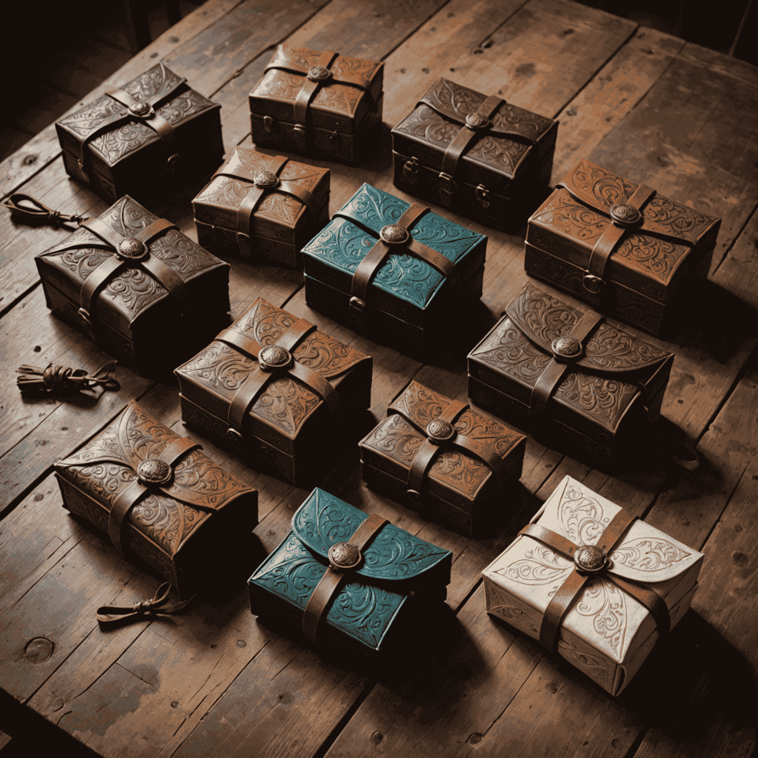 A collection of beautifully crafted leather pouches, embossed boxes, and parchment wrappings arranged on a rustic wooden table. The items feature intricate medieval designs, fantasy motifs, and rich, earthy colors.