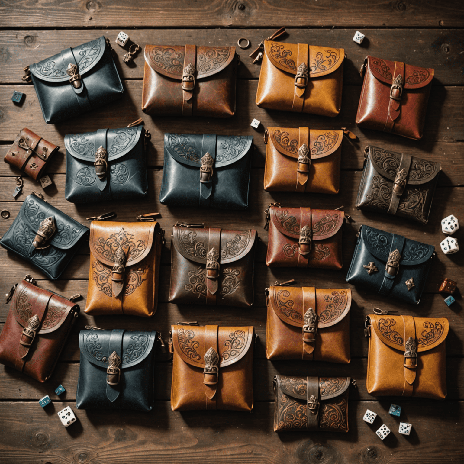 A collection of premium leather pouches in various sizes and colors, adorned with intricate medieval-inspired designs and metal clasps. The pouches are arranged on a weathered wooden table, surrounded by tabletop RPG accessories such as dice, miniatures, and spell cards.