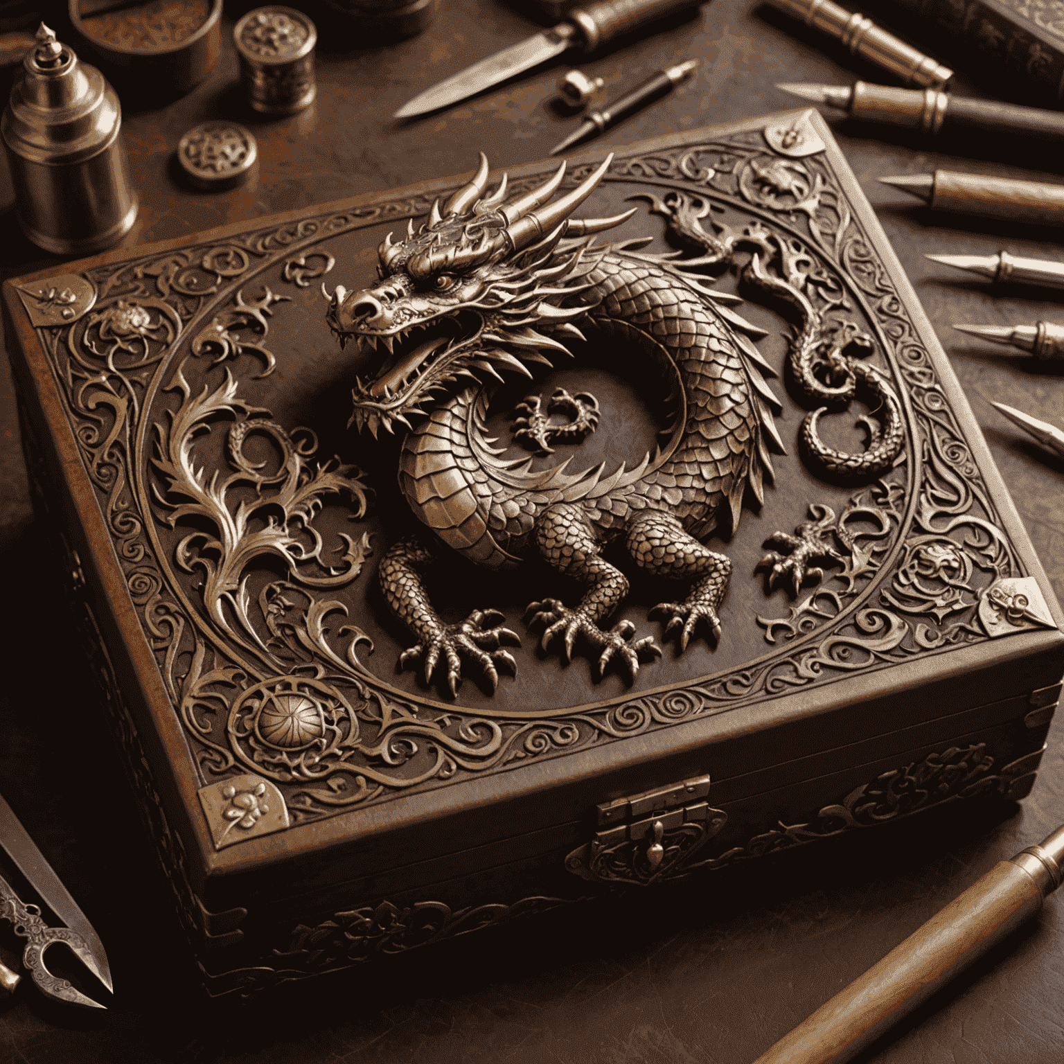 Master craftsman carefully embossing an intricate dragon design onto a rich brown leather box, surrounded by medieval-inspired tools and parchments