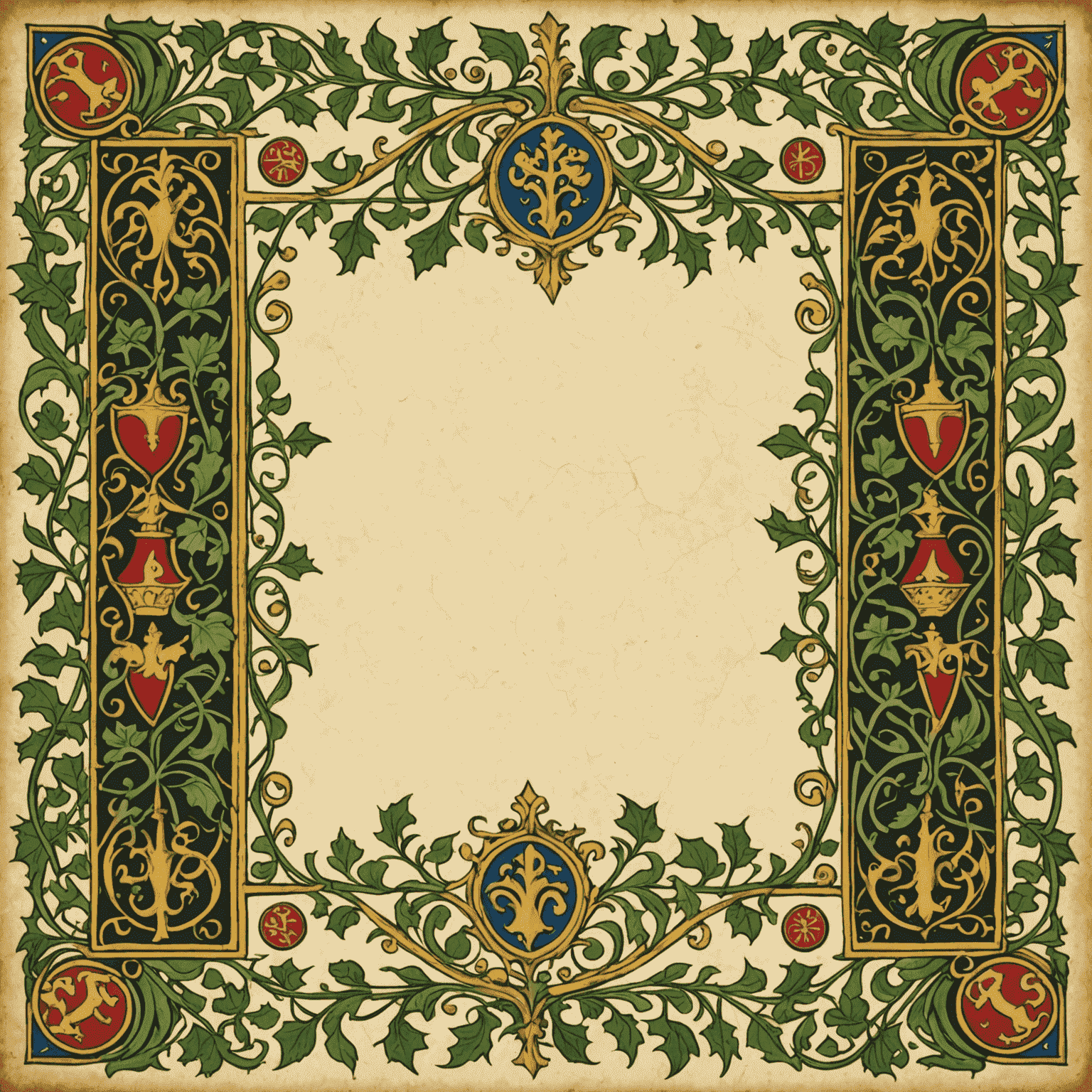 Decorative medieval border with intertwined vines, mythical creatures, and heraldic symbols