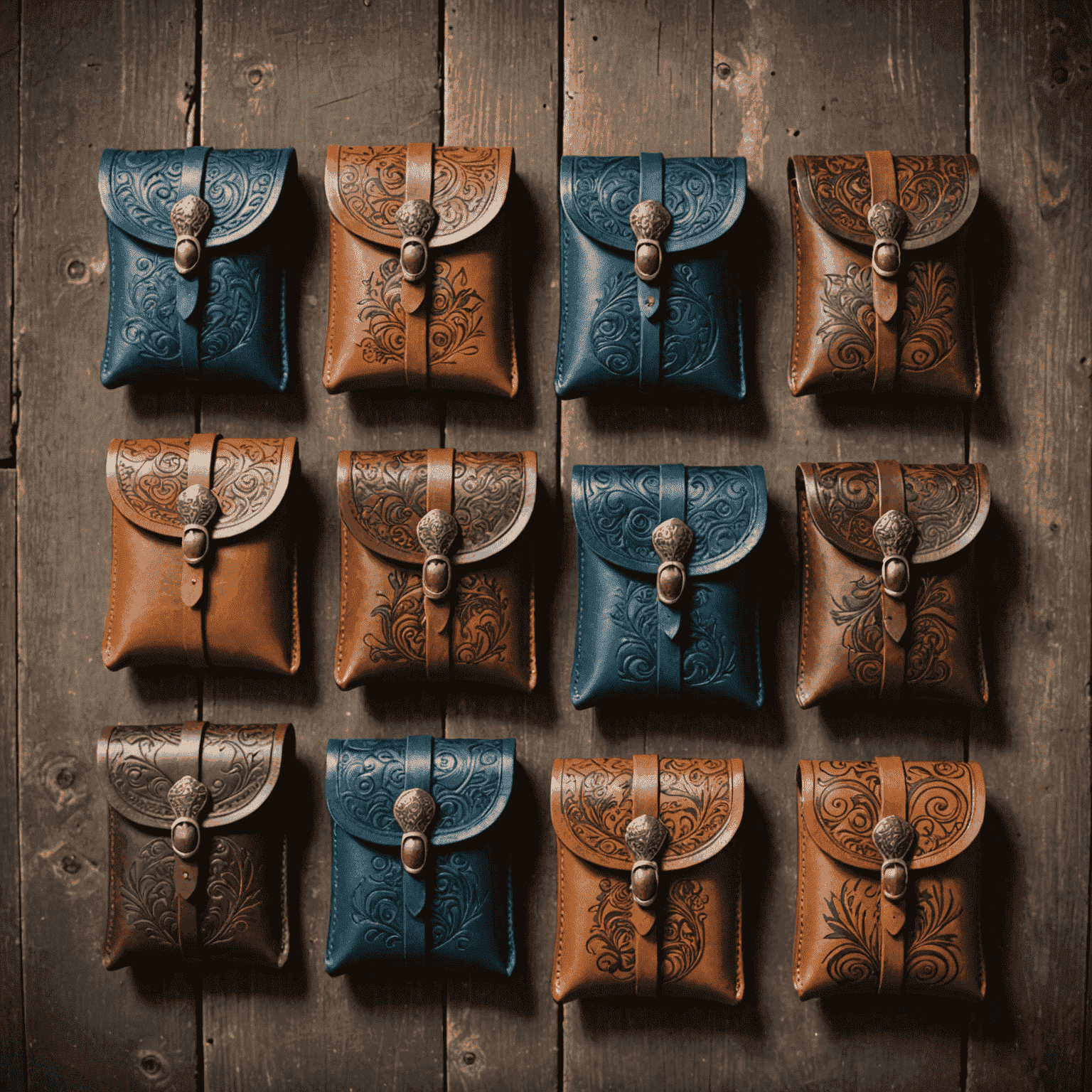 A collection of handcrafted leather pouches in various sizes and designs. Some are adorned with intricate medieval patterns, others with fantasy creature motifs. The pouches range from small dice bags to larger pouches suitable for storing decks of cards or small game components.