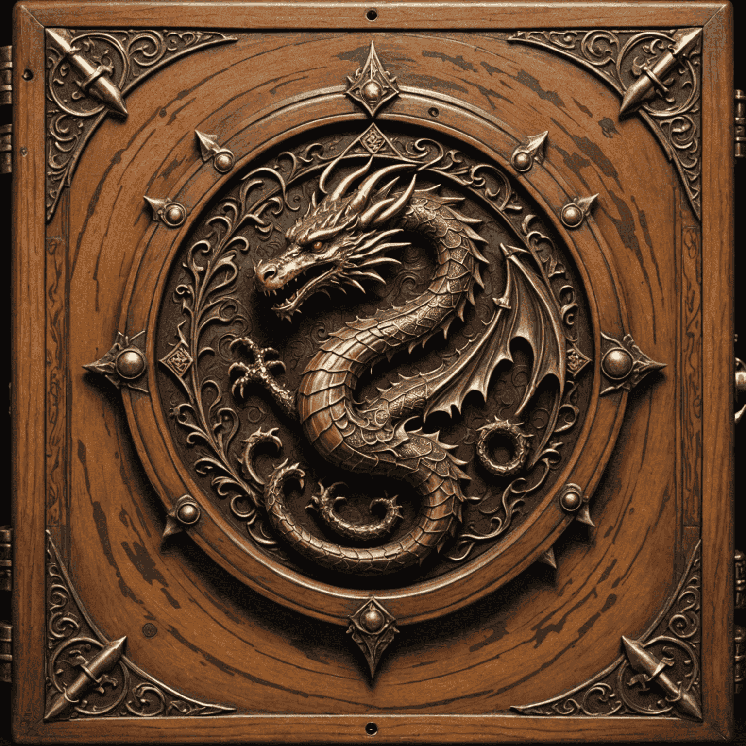 Intricately embossed wooden game box with medieval-inspired designs, featuring a dragon crest and ornate metal clasps