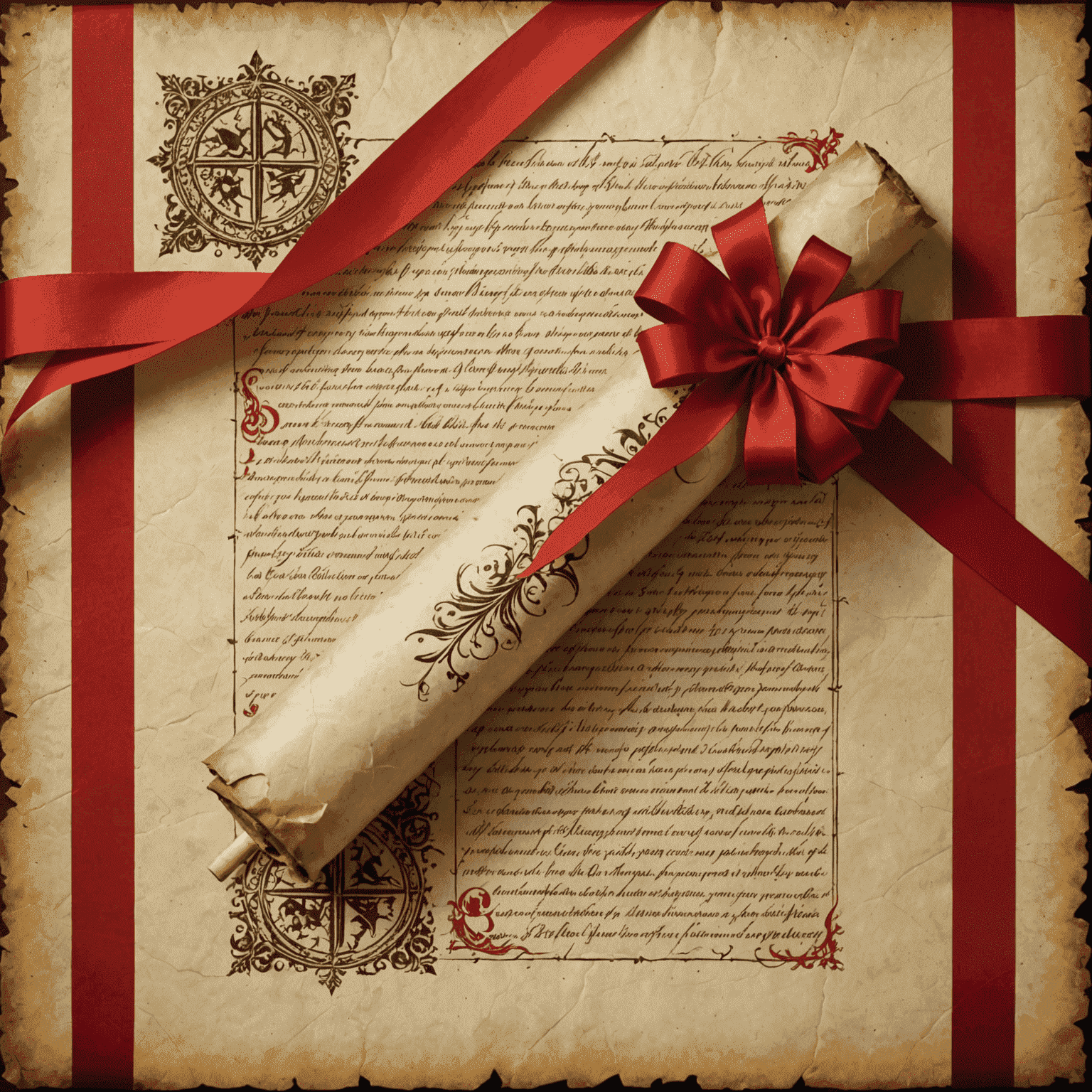 Authentic-looking parchment paper with medieval designs and calligraphy, rolled and tied with a red ribbon. The parchment has slightly frayed edges and a weathered appearance, giving it an aged look.