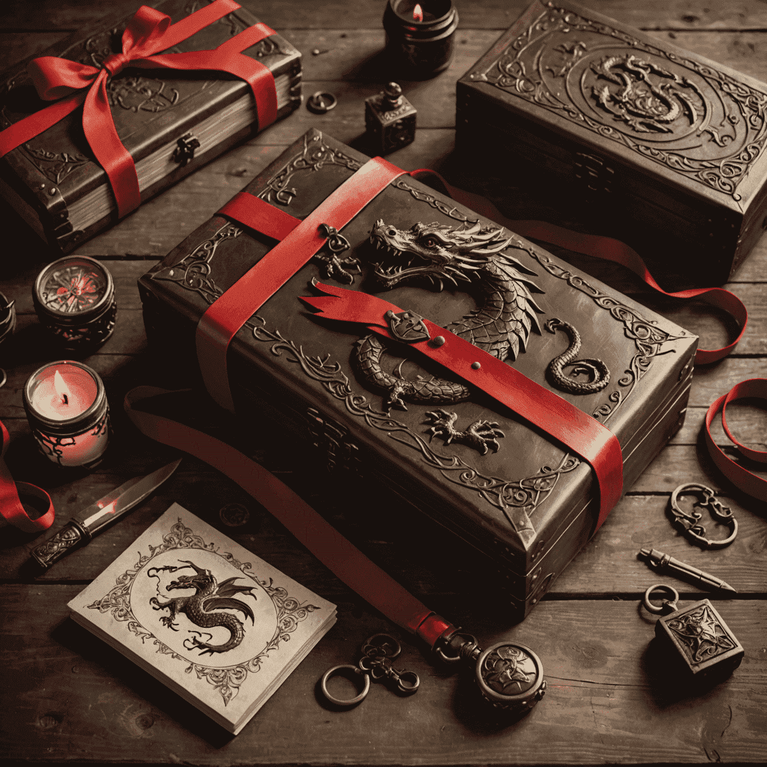 A beautifully arranged themed gift set for gamers, featuring a leather pouch with embossed dragon design, an ornate wooden box with metal clasps, and rolled parchments tied with red ribbons. The set is displayed on a rustic wooden table with dim, atmospheric lighting.