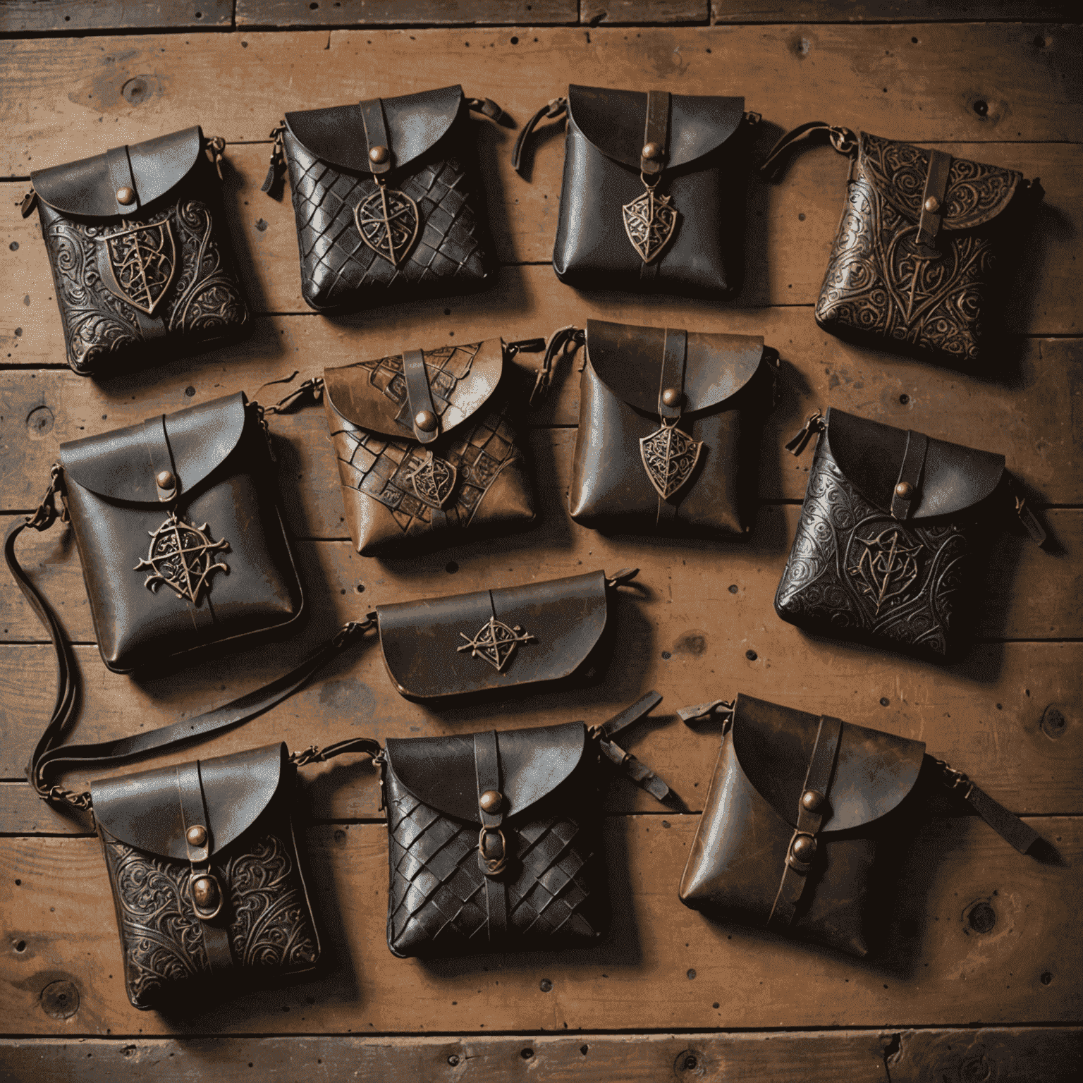 A collection of leather pouches with intricate designs inspired by dungeon themes, including dragon scales, ancient runes, and medieval crests. The pouches are arranged on a weathered wooden table with flickering candlelight casting dramatic shadows.