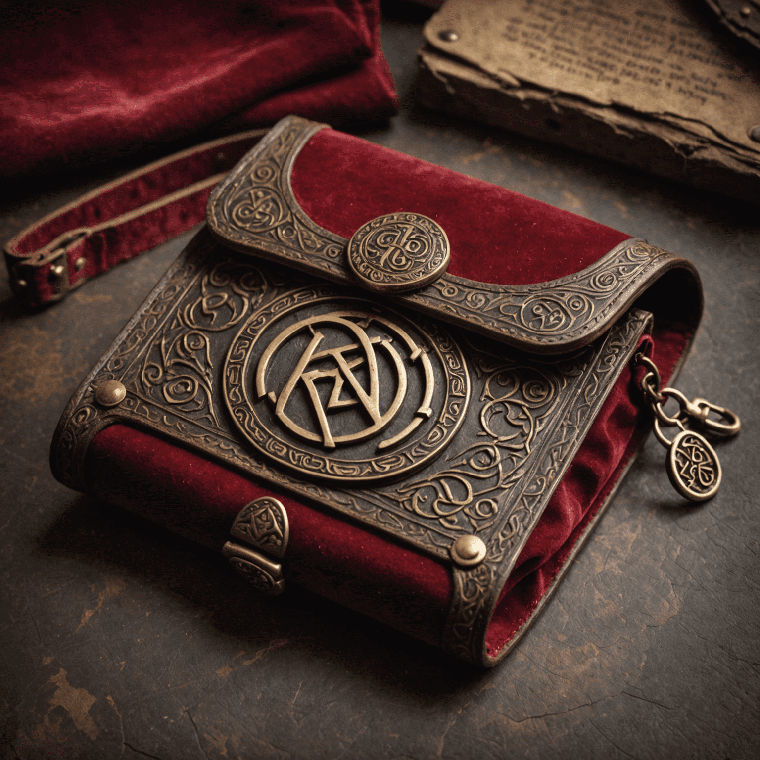 Close-up of a leather pouch with intricate rune engravings and a gleaming bronze clasp. The pouch is partially open, revealing multiple compartments lined with rich, deep red velvet.