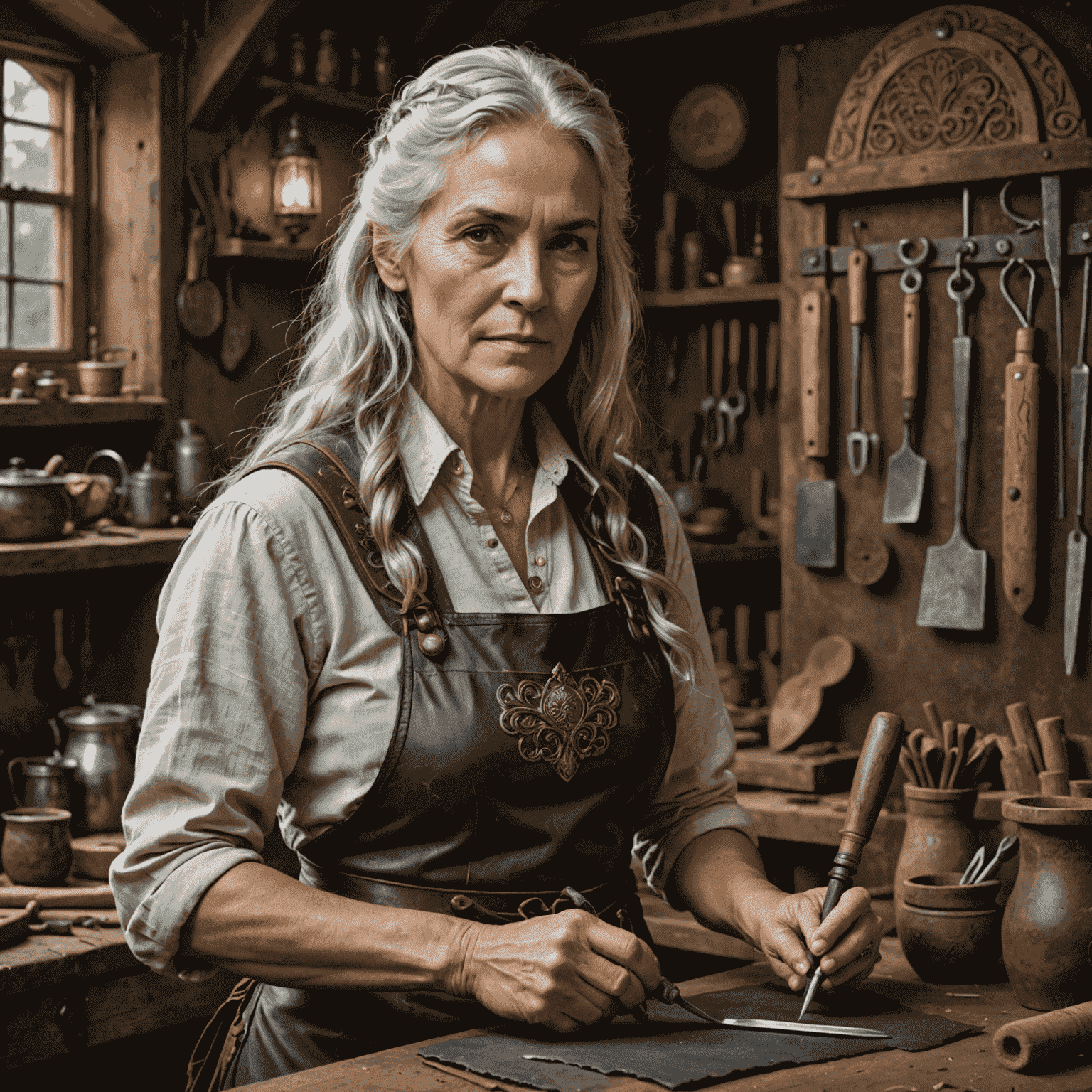 Portrait of Elena, a skilled leatherworker with long silver hair, wearing a leather apron and holding an ornate embossing tool