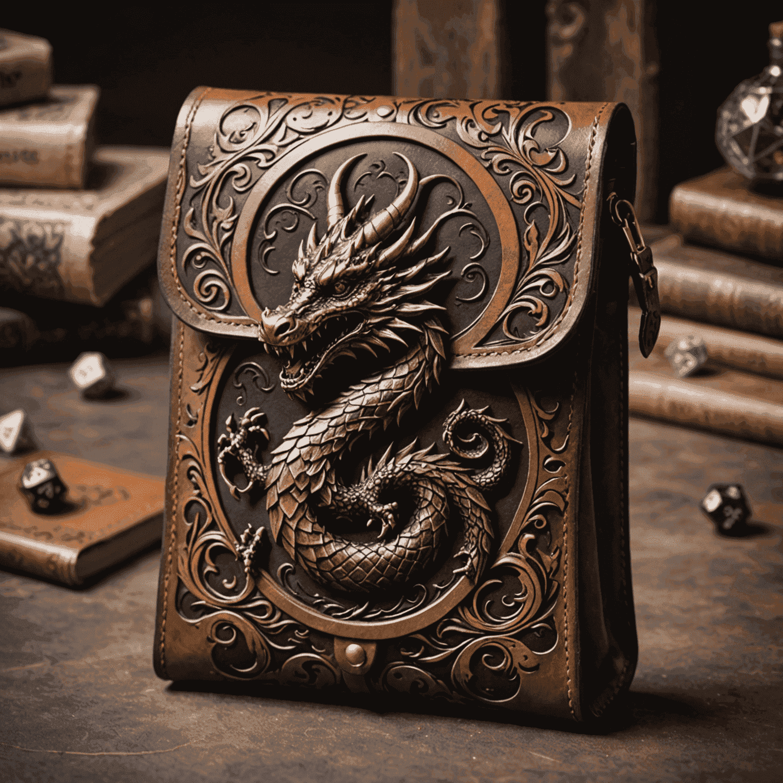 A small leather pouch with an intricate dragon design embossed on the front, perfect for storing a set of polyhedral dice.