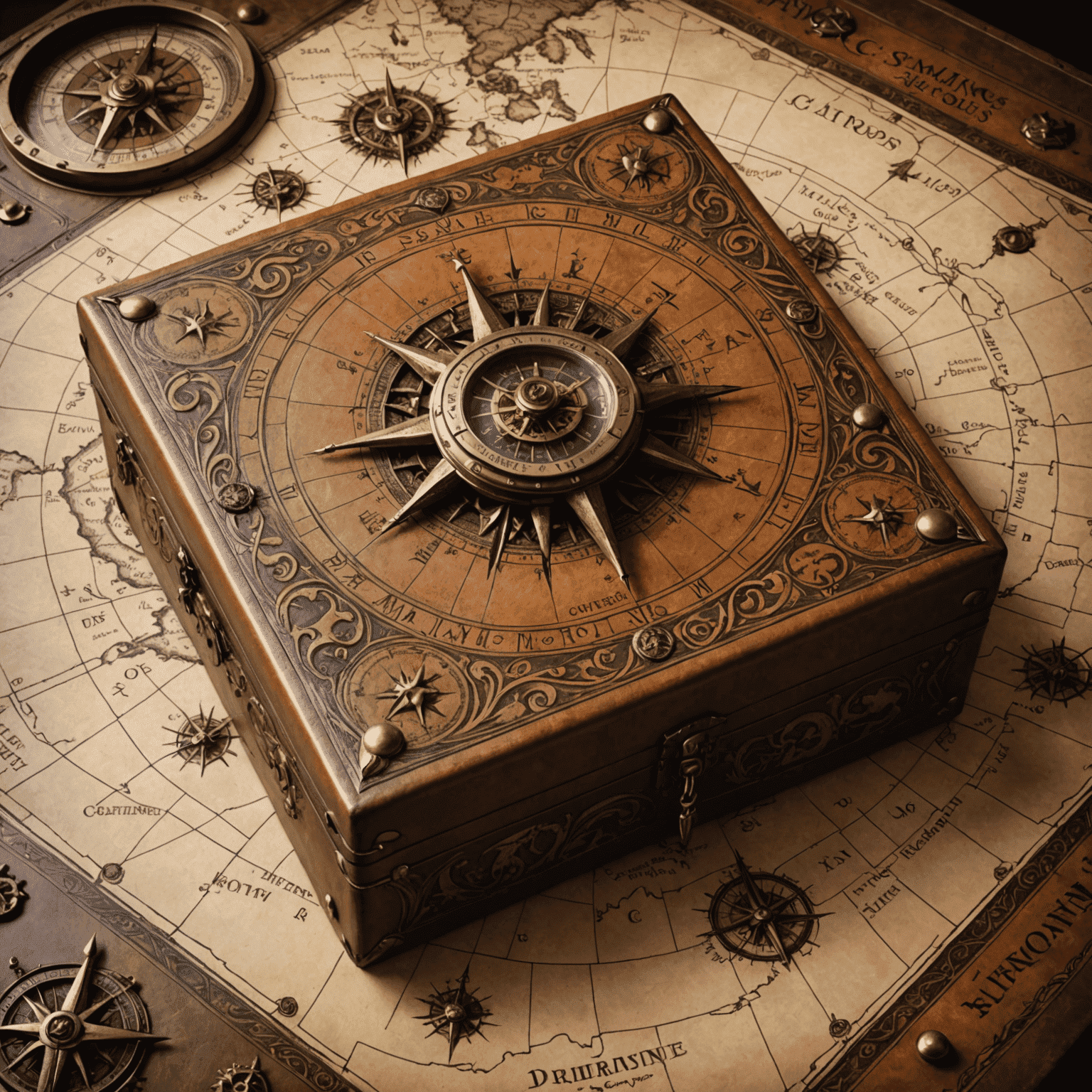 Close-up of an embossed leather game box featuring an intricate map design with compass rose and mythical creatures