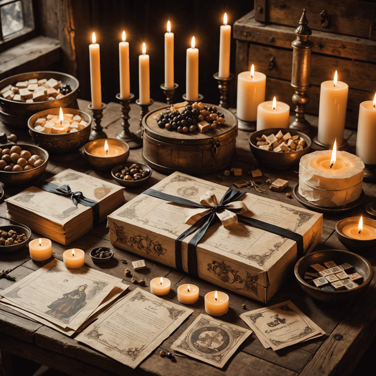 A collection of board games and comics wrapped in parchment paper, some tied with ribbons and others sealed with wax. The items are arranged on an old wooden table with candles and medieval-style decorations.