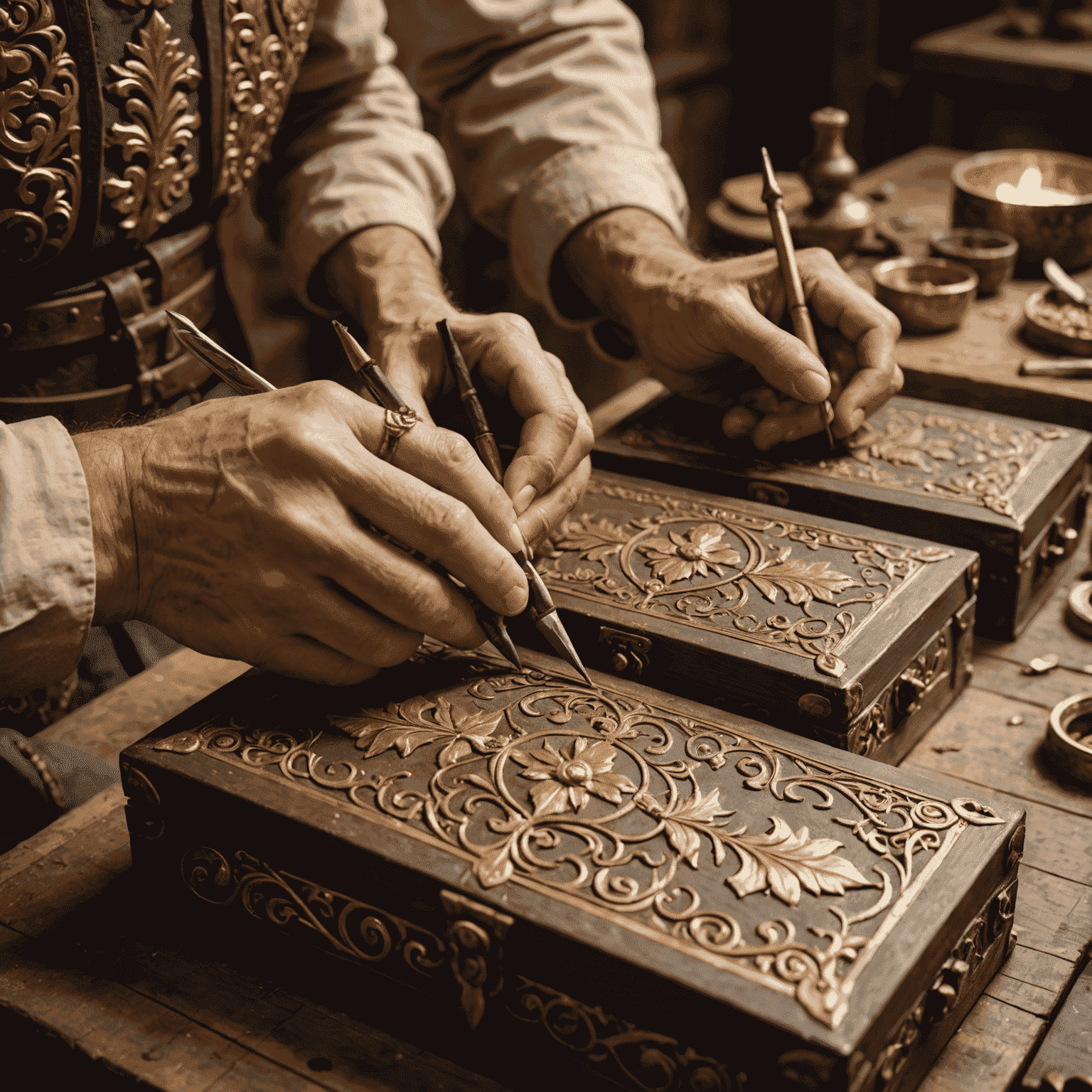 A group of skilled artisans working on embossed boxes in a medieval-style workshop. The image shows close-ups of hands carefully carving intricate designs, applying gold leaf, and assembling ornate clasps on leather-bound boxes.