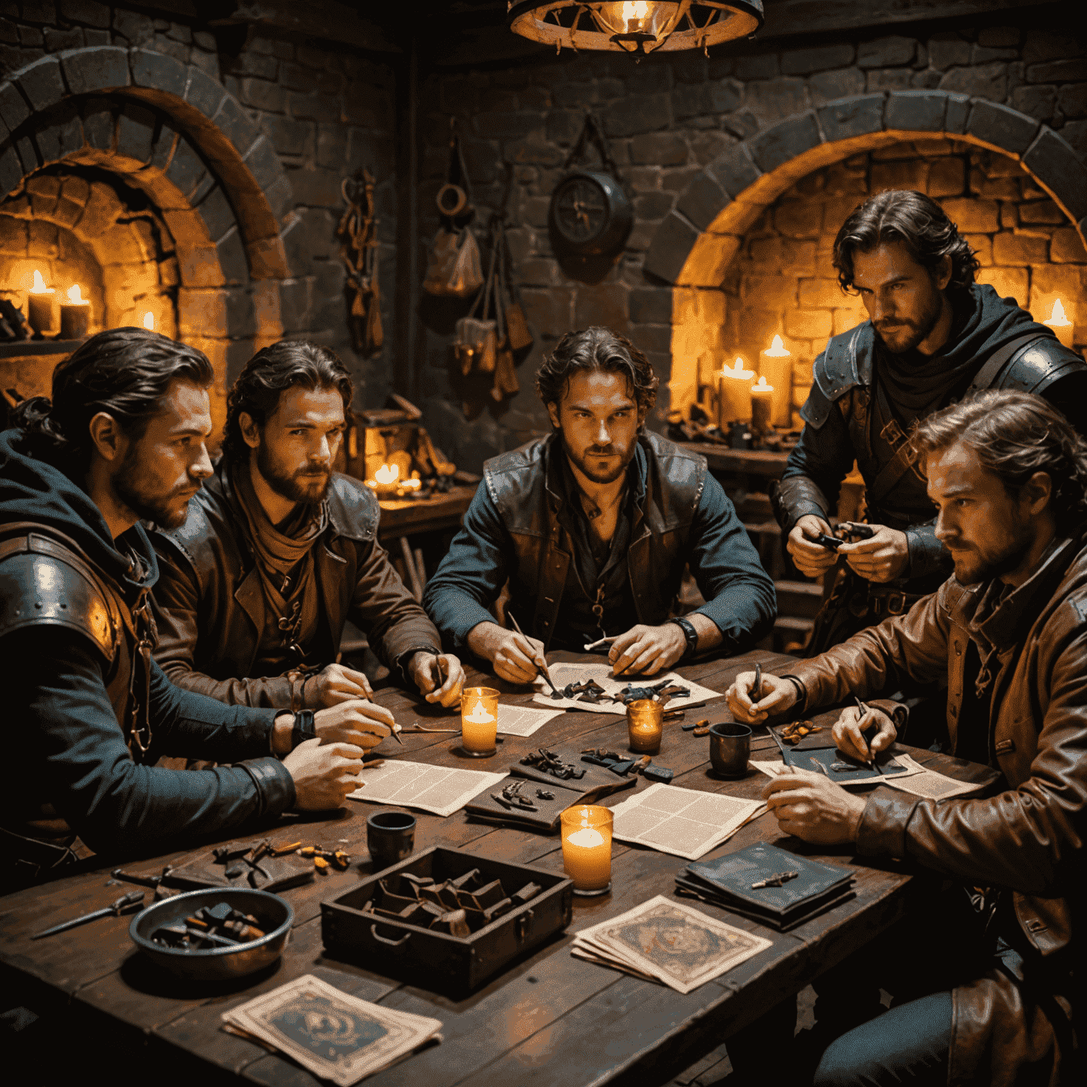 A group of diverse tabletop gamers gathered around a table, each proudly displaying their new Dungeon Wrapper pouches. The scene is lit by candlelight, creating a warm, inviting atmosphere that highlights the rich colors and textures of the leather pouches.