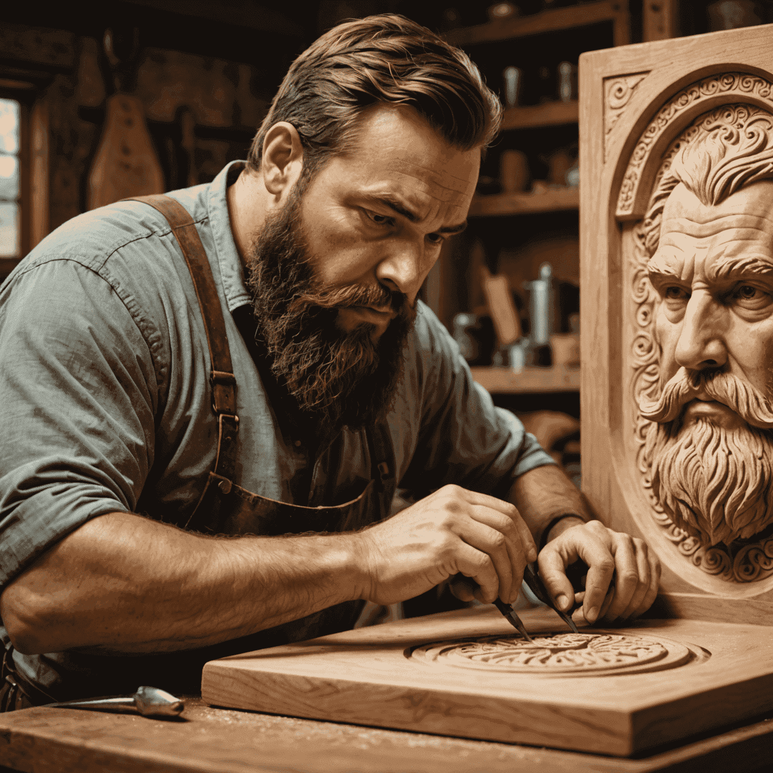 Portrait of Gareth, a burly man with a thick beard, concentrating on carving a detailed wooden embossing mold