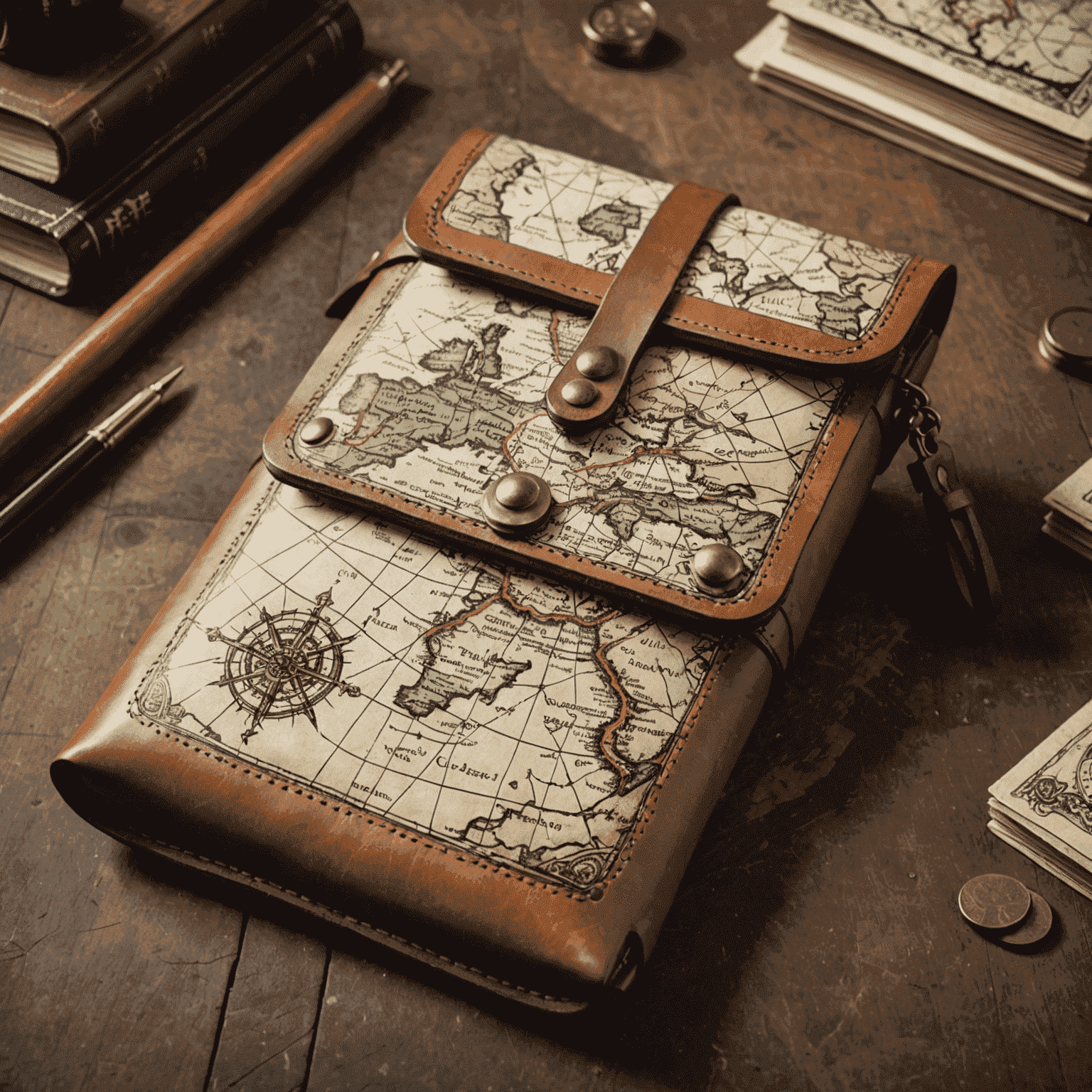 A medium-sized leather pouch with a medieval map design, ideal for storing multiple decks of cards or small rulebooks.