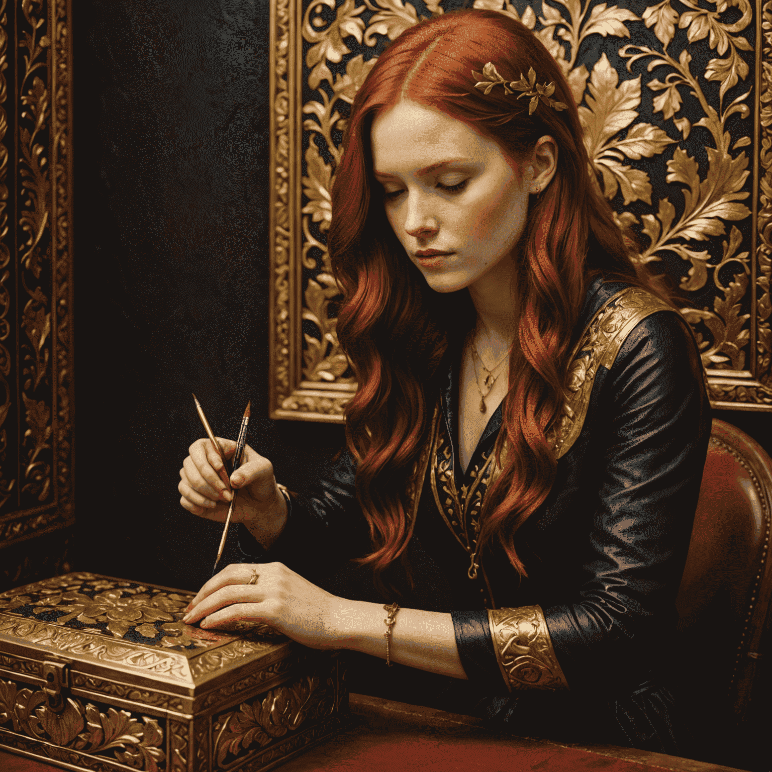 Portrait of Lydia, a young woman with vibrant red hair, carefully applying gold leaf to the edges of an embossed leather box