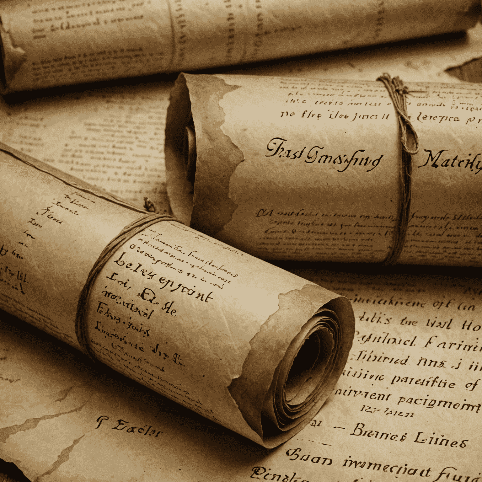 Rolls of authentic-looking parchment paper with aged edges and subtle medieval watermarks, perfect for wrapping books or creating game props.