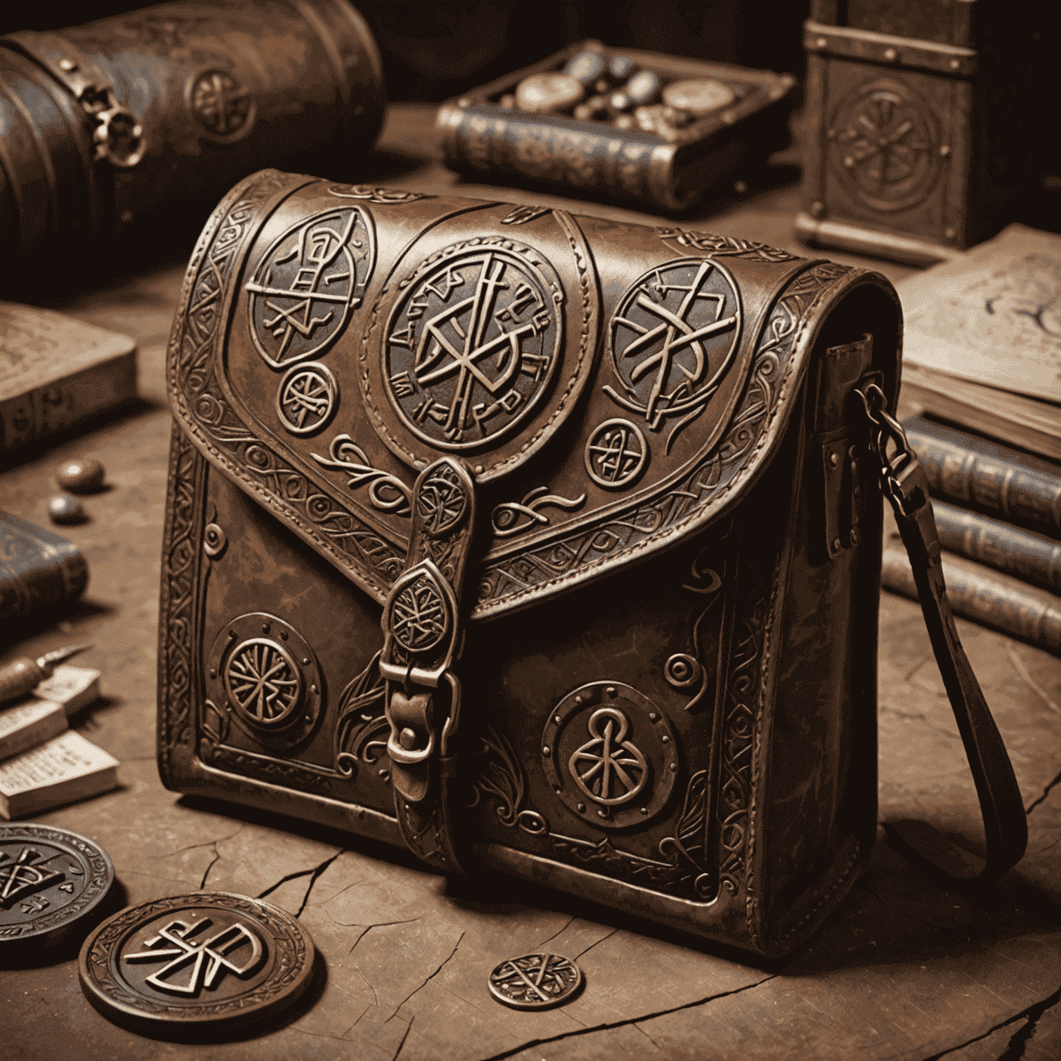 A large leather pouch with compartments, decorated with mystical runes and symbols, suitable for organizing various game components.