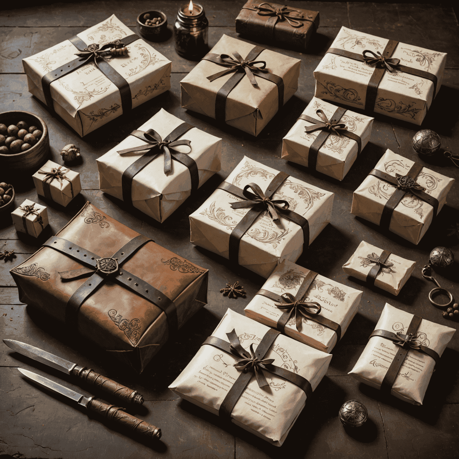 Beautifully arranged gift sets featuring leather pouches, embossed boxes, and parchment wrapping, all themed around medieval fantasy elements.